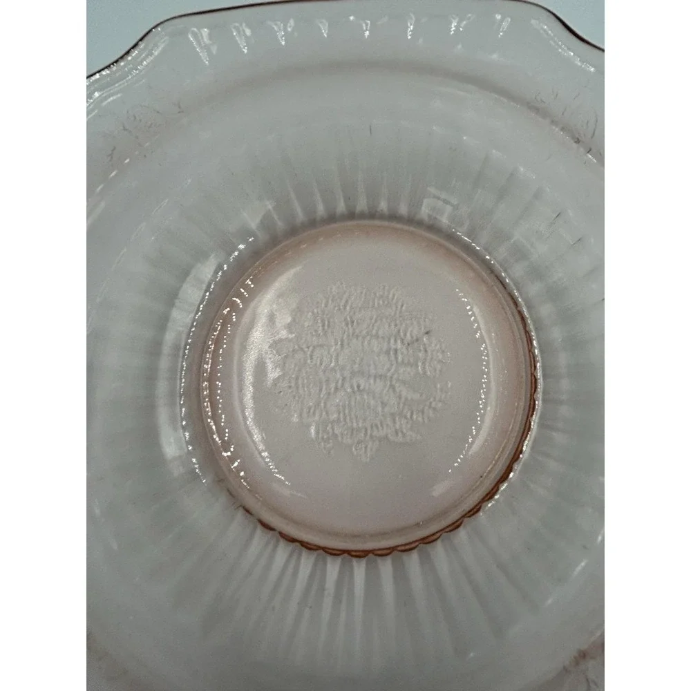 Pink Glass Floral Round Serving Bowl w/ Handles Scalloped Rim 8.5 in